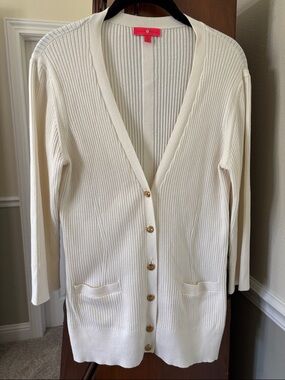 *Ivanka Trump Cream Ribbed V-Neck Status Gold Buttons Cardigan Classic Nautical